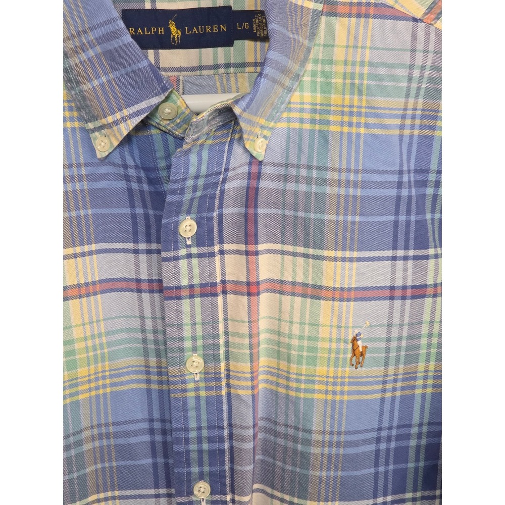 Polo Ralph Lauren Mens Large Plaid Button‎ Down Blue Yellow Green Long Sleeve